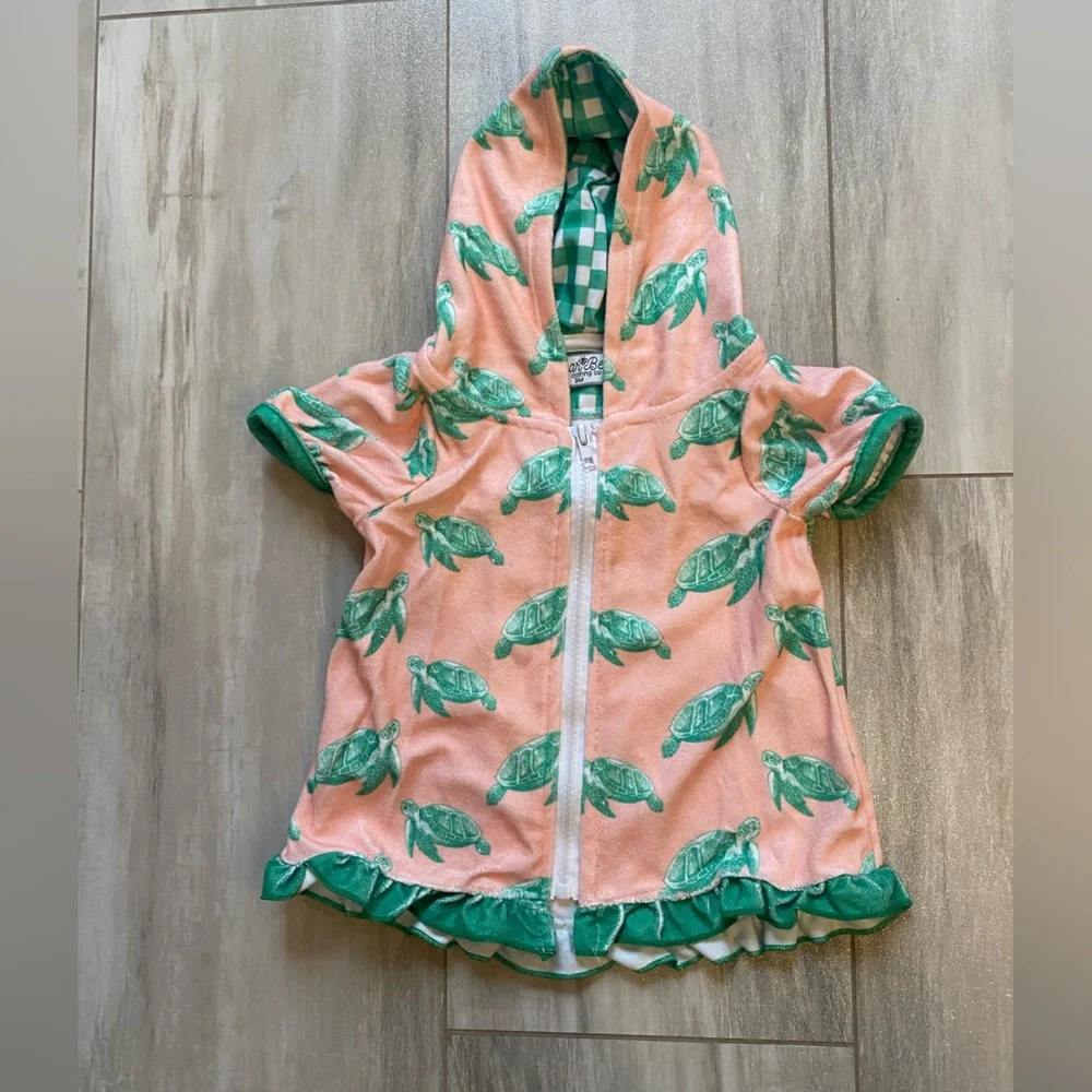NWOT Sugar Bee Terry Cloth Sea Turtle Ruffled Zip-Up Hooded Swimsuit Cover-up 3M